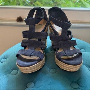 UGG, platform wedge sandals, navy blue suede, size 10.